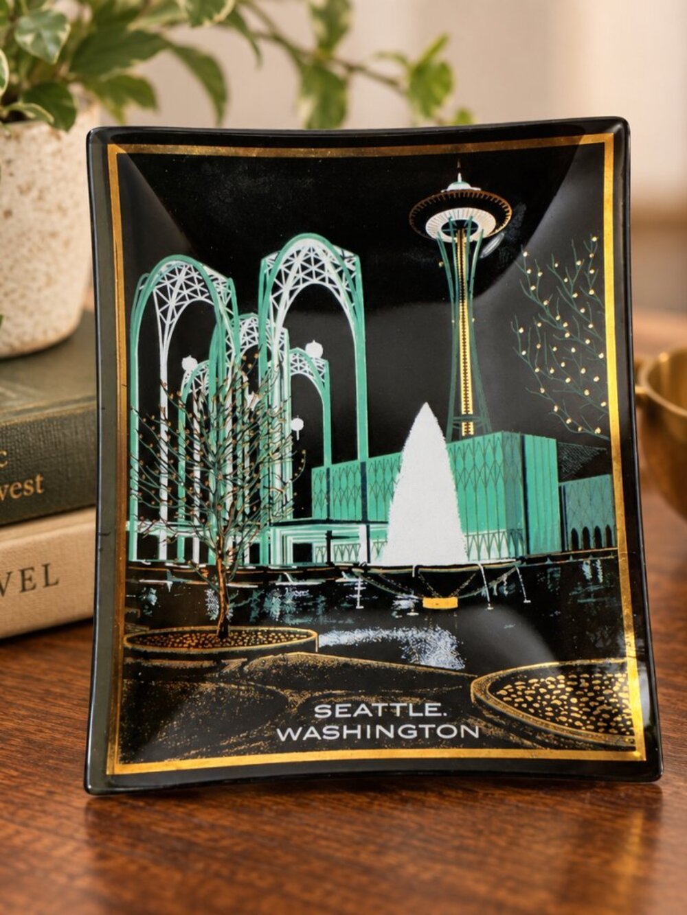 Vintage Seattle Washington Glass Ashtray Souvenir Space Needle Mid Century 4" x
